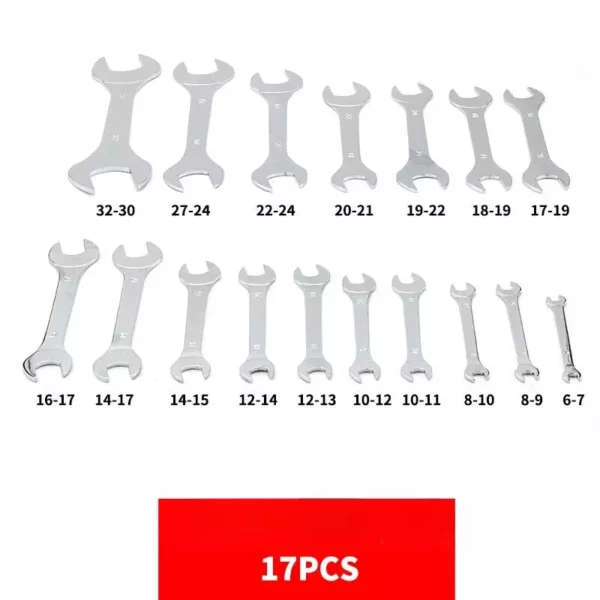 Un ensemble complet de 17 clés plates, allant de 6 mm à 32 mm, rangées dans un étui pratique