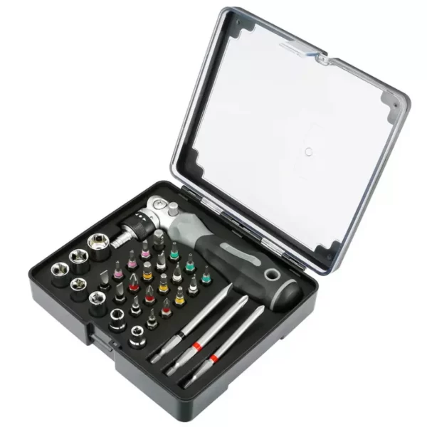 Coffret de vissage avec visseuse angulaire à cliquet et 31 embouts torx, allen et cruciforme